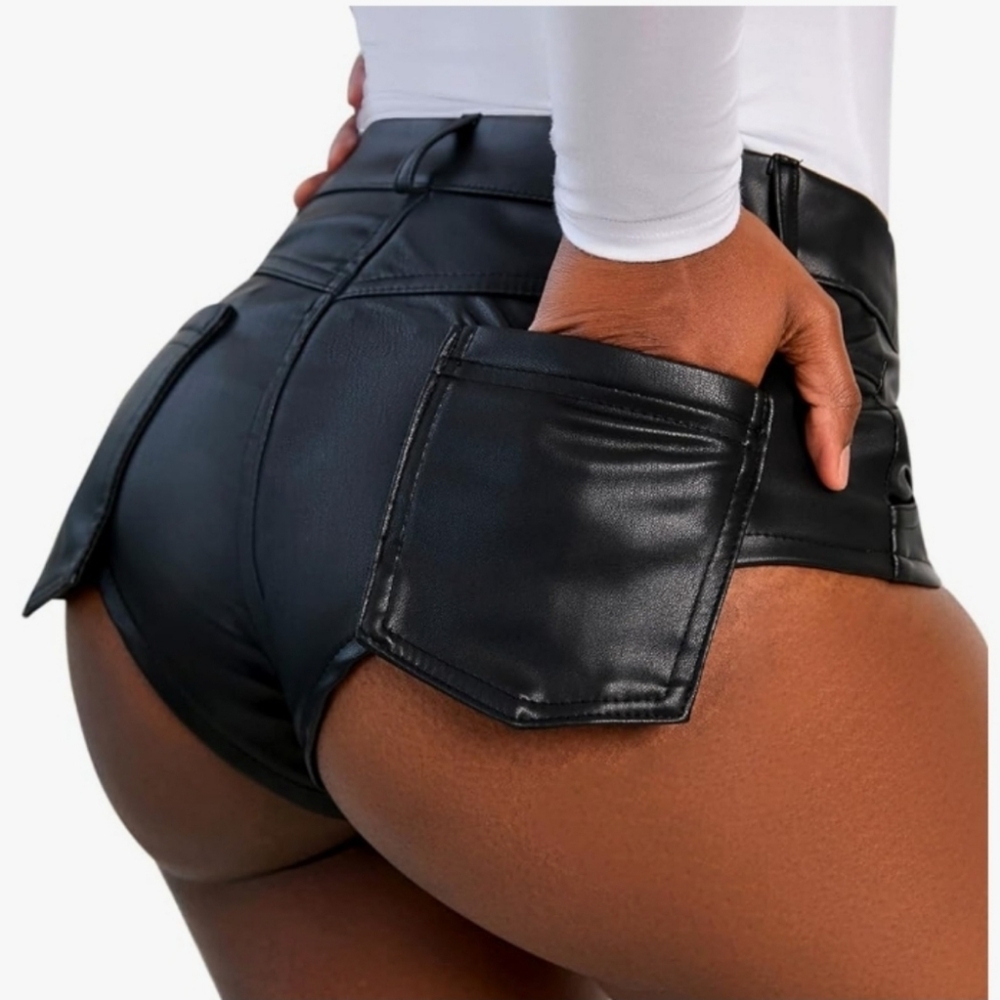 Black Faux Leather Women Dance Booty  Shorts